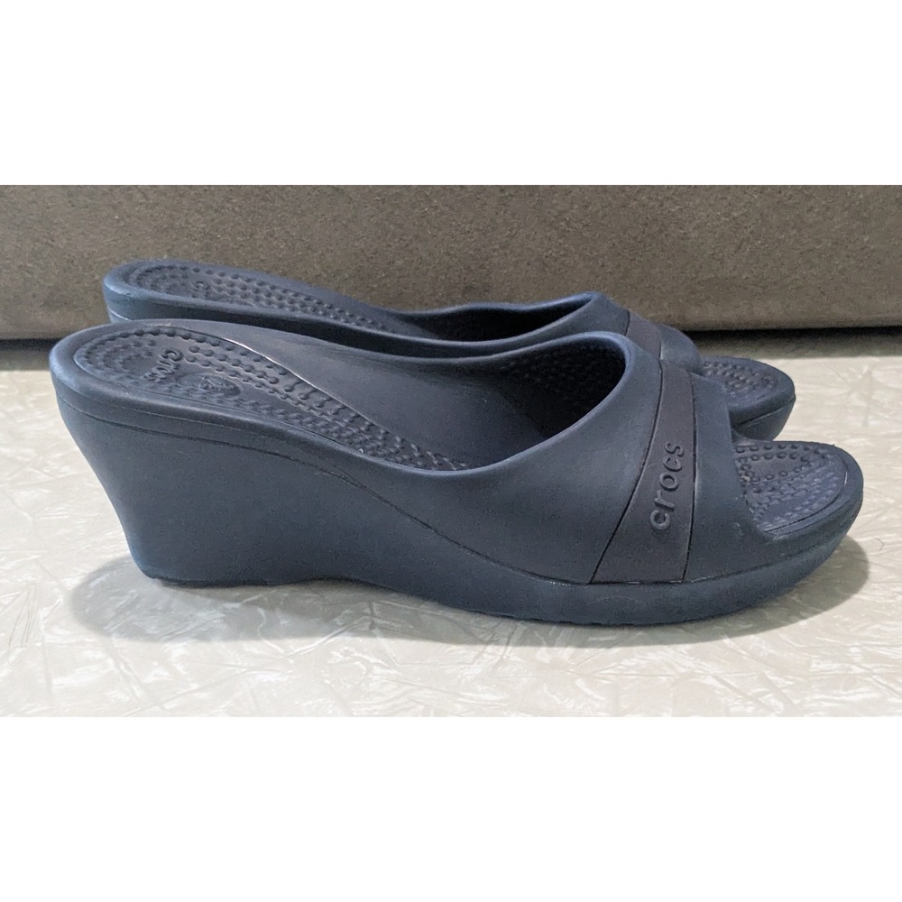 Crocs Sassari Navy Blue Wedge Heel Sandals Slide Mule Womens Size 8 Open Toe